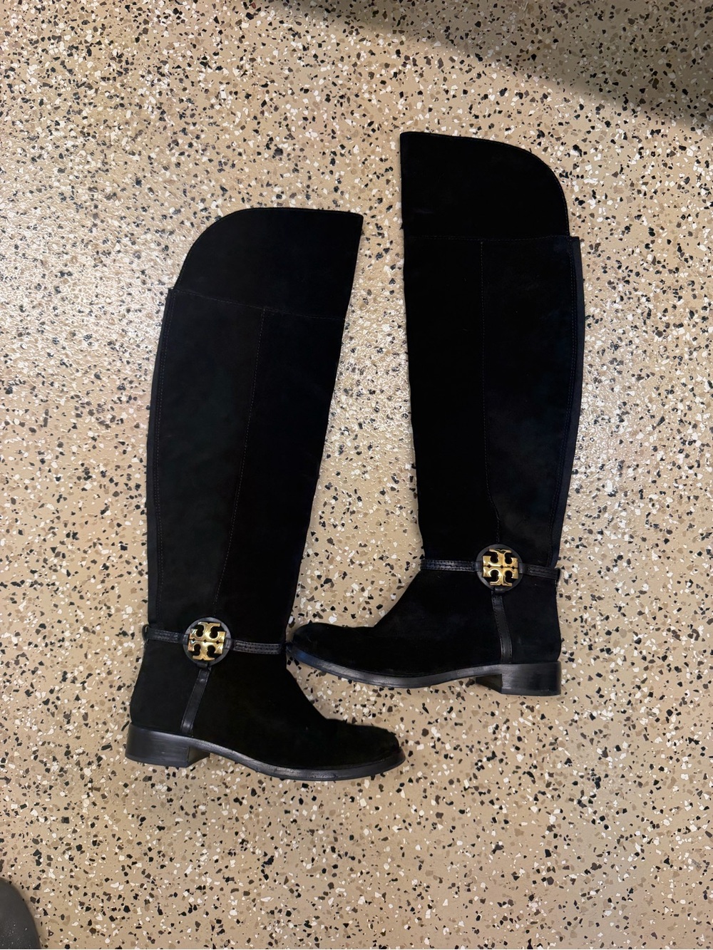 Tory Burch Black Suede Over-the-Knee Riding Boots with Gold Logo